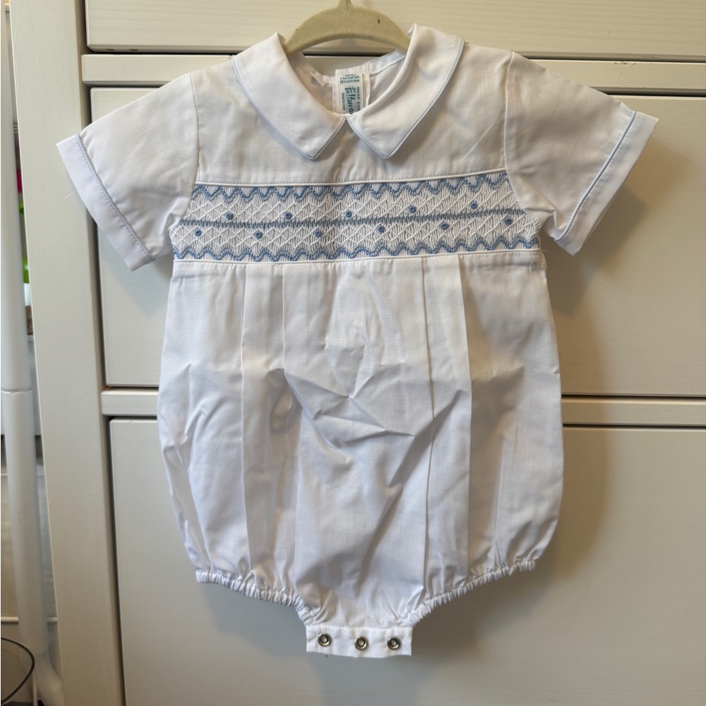 Feltman Bros Boys Bubble Romper with Blue Trim